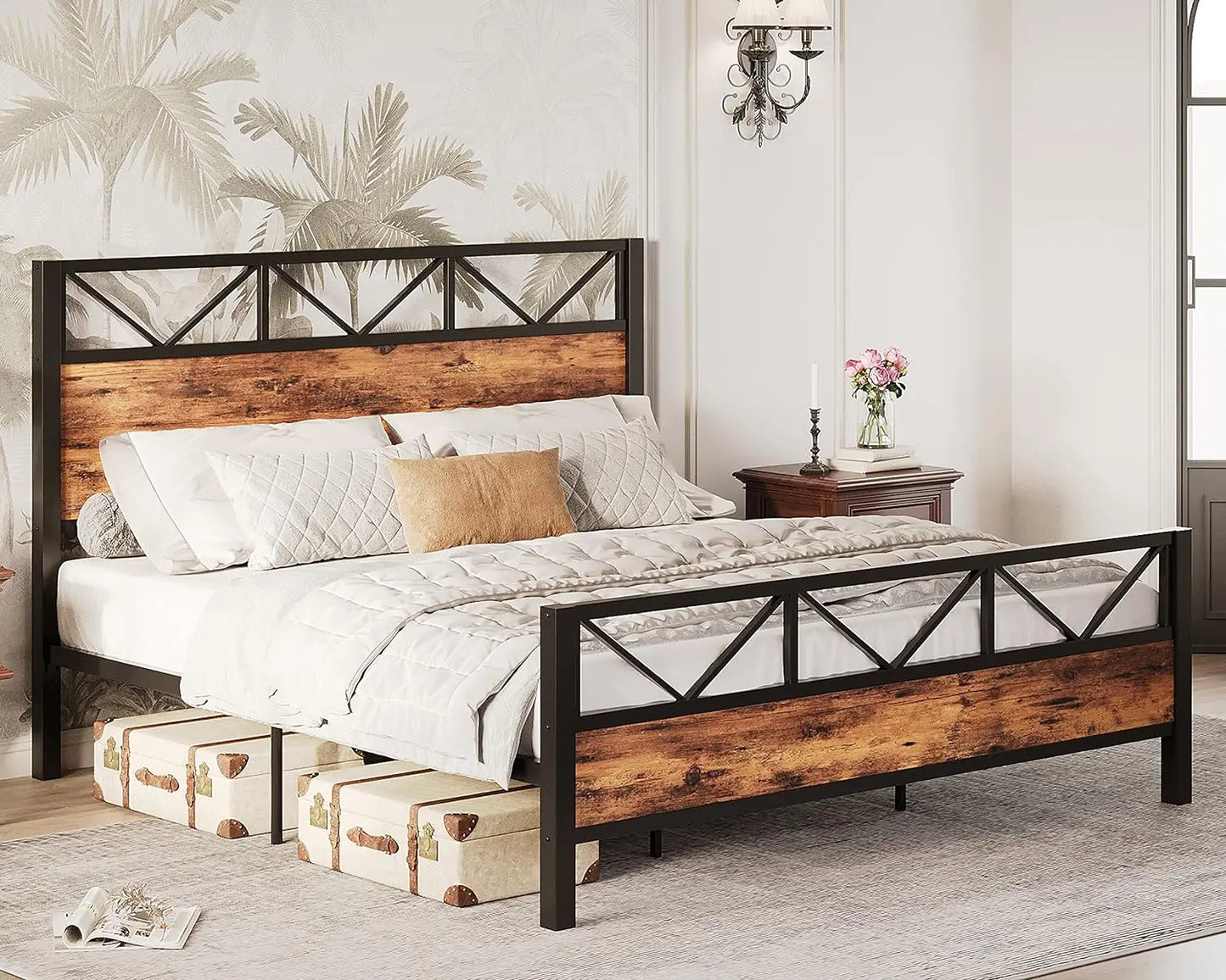 King Bed Frame, Tall Industrial Headboard, Platform Bed Frame with Strong Metal Support, Solid and Stable, No Box Spring Needed