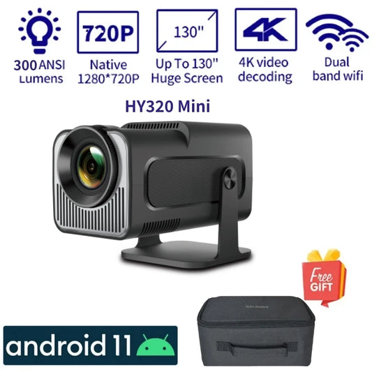 Salange HY320 MINI Android 11.0 Projector LED Beamer Home Cinema 300ANSI 720P WIFI Smart TV for 1080P 4K Via HD with Carry Bag