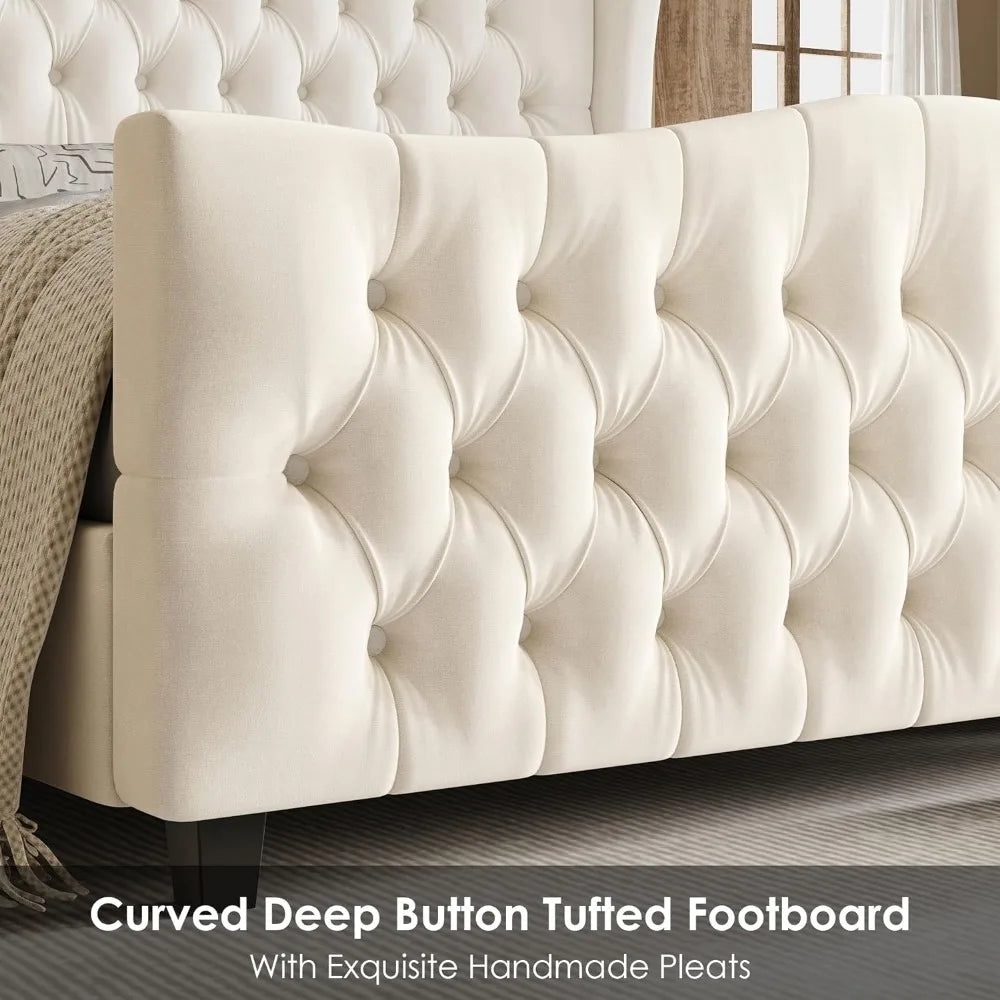 King Bed Frame with Velvet Upholstered Deep Button Tufted Wingback Headboard and Footboard, No Box Spring Needed, King Bed Frame