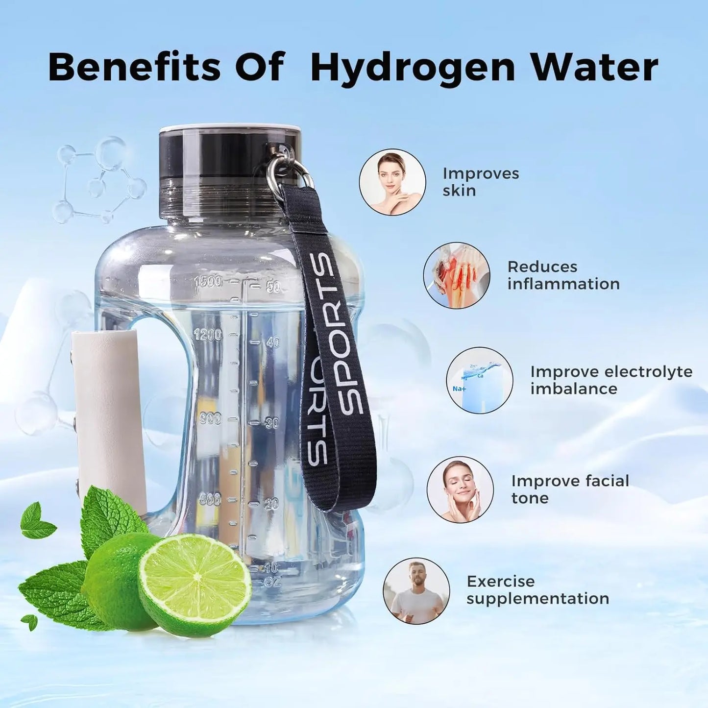 1.5l Hydrogen Water Bottle,2500ppb Portable Hydrogen Water Bottle Generator Food Grade Material Sports Water Bottle