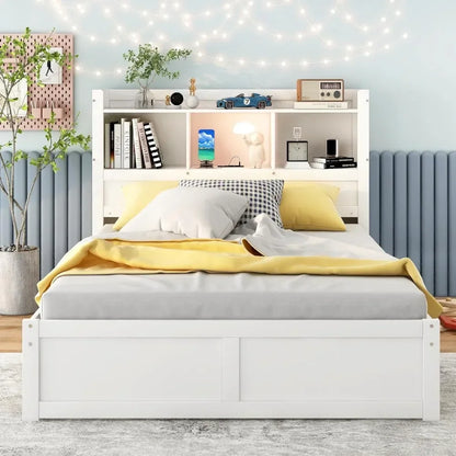 Full Size Bed Frame with Bookcase Headboard and Trundle, Charging Station, Wood Platform Bed Frame with Charging Station