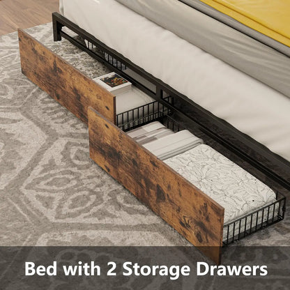 Bed Frame with Storage Headboard, Platform Bed with Drawers and Charging Station, No Box Spring Needed, Easy Assembly