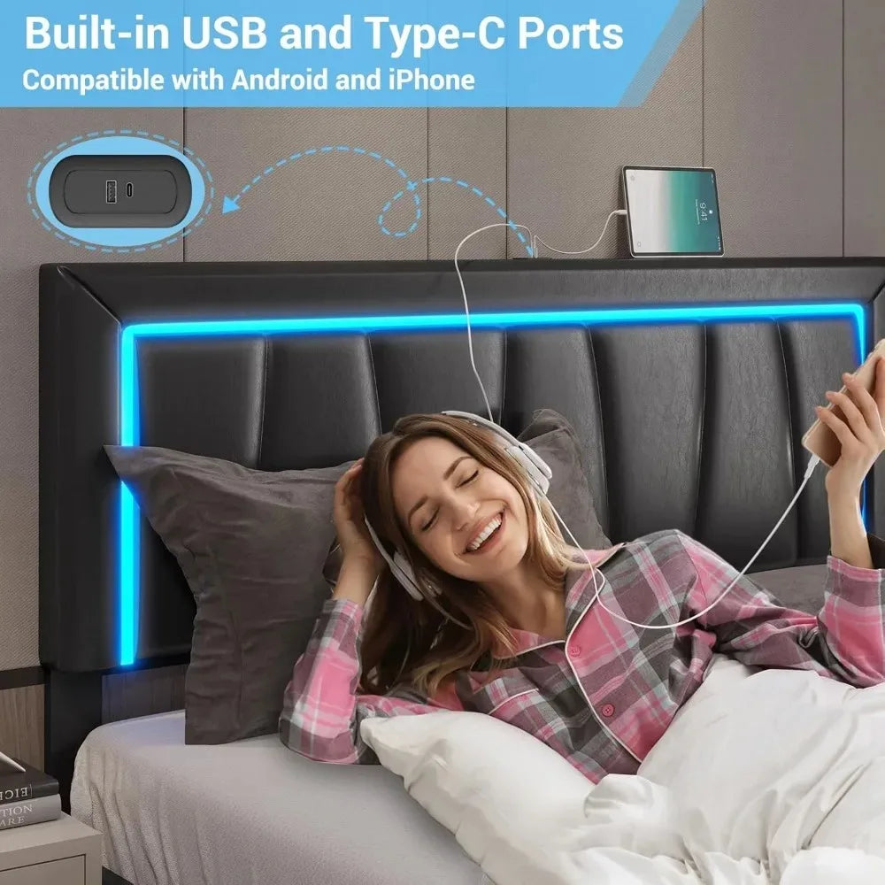 Bed Frame queen size with 4 Storage Drawers and Led Lights Upholstered Platform Storage with USB and Headboard Cali King