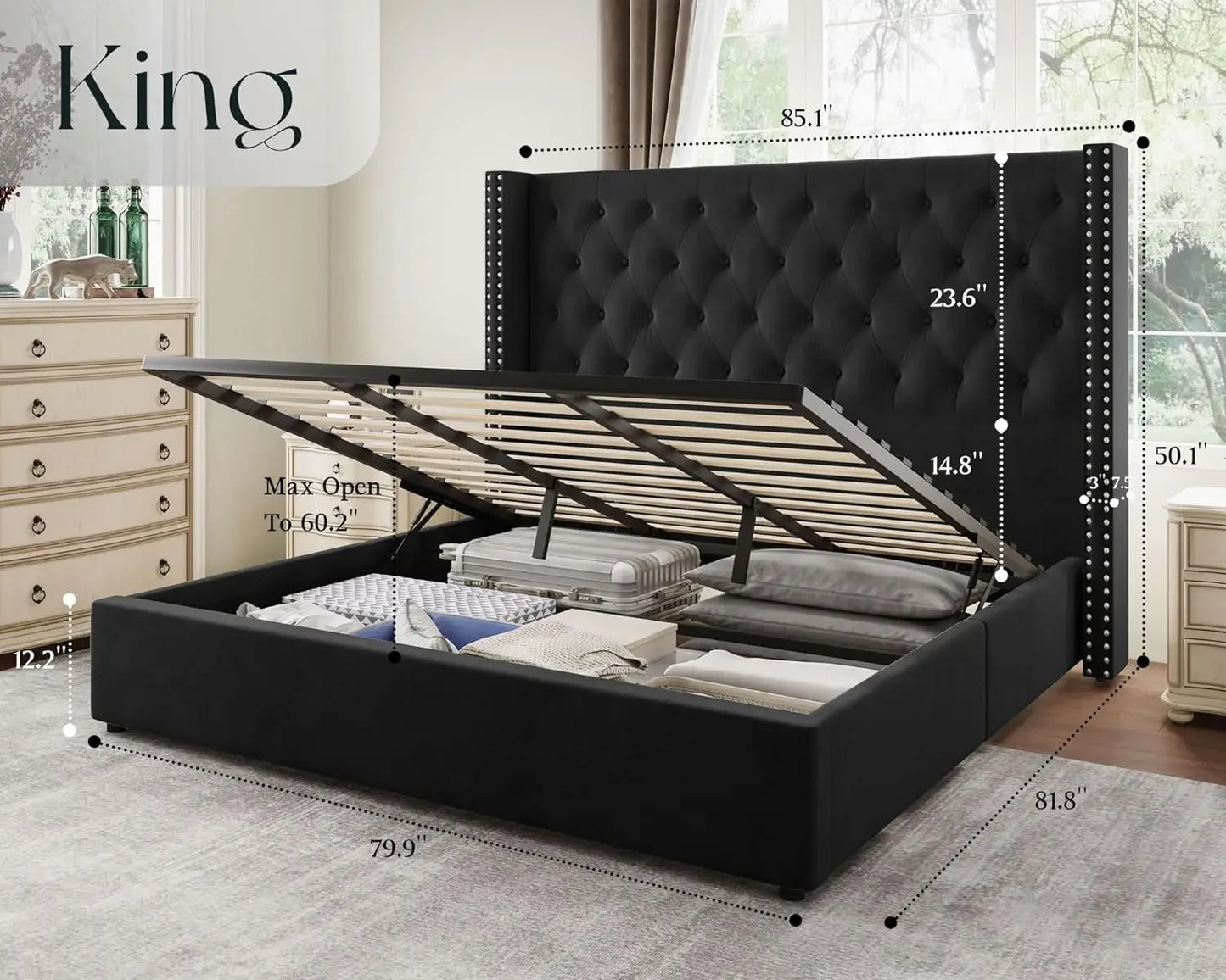 King Size Lift Up Storage Bed, Upholstered Platform Bed Frame and Velvet Button Tufted Headboard with Wingback Hydraulic Storage