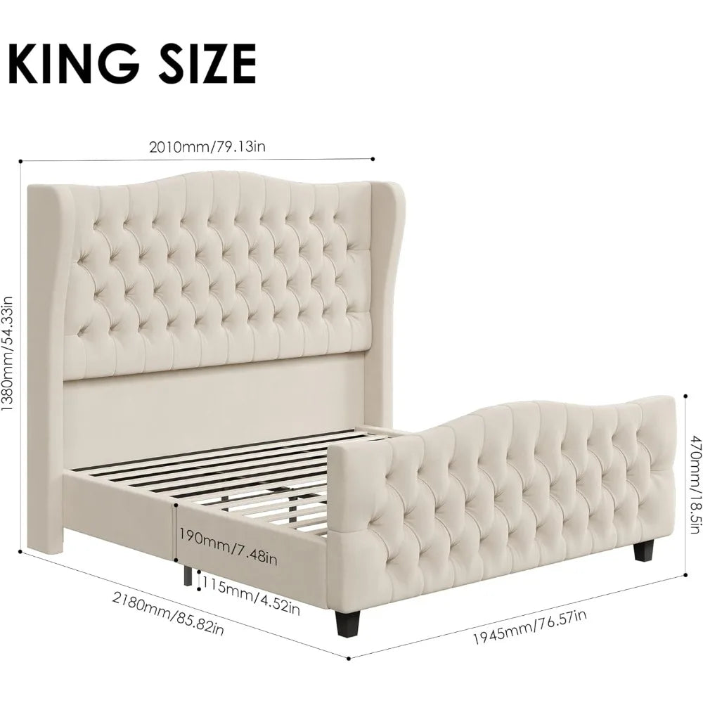 King Bed Frame with Velvet Upholstered Deep Button Tufted Wingback Headboard and Footboard, No Box Spring Needed, King Bed Frame