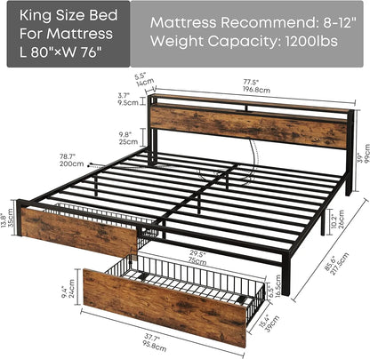 Bed Frame with Storage Headboard, Platform Bed with Drawers and Charging Station, No Box Spring Needed, Easy Assembly