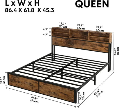 Queen Bed Frame with Tall Bookcase Headboard and Charging Station, Sturdy and No Noise Platform Bed, No Box Spring Needed